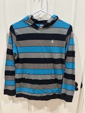 Boy’s Volcom Striped Hooded Pullover in Blue, Gray & Black